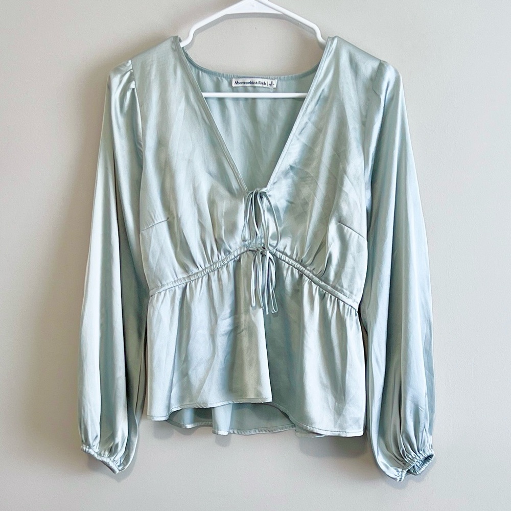 Abercrombie Satin Peplum Long Sleeve Tie Blouse